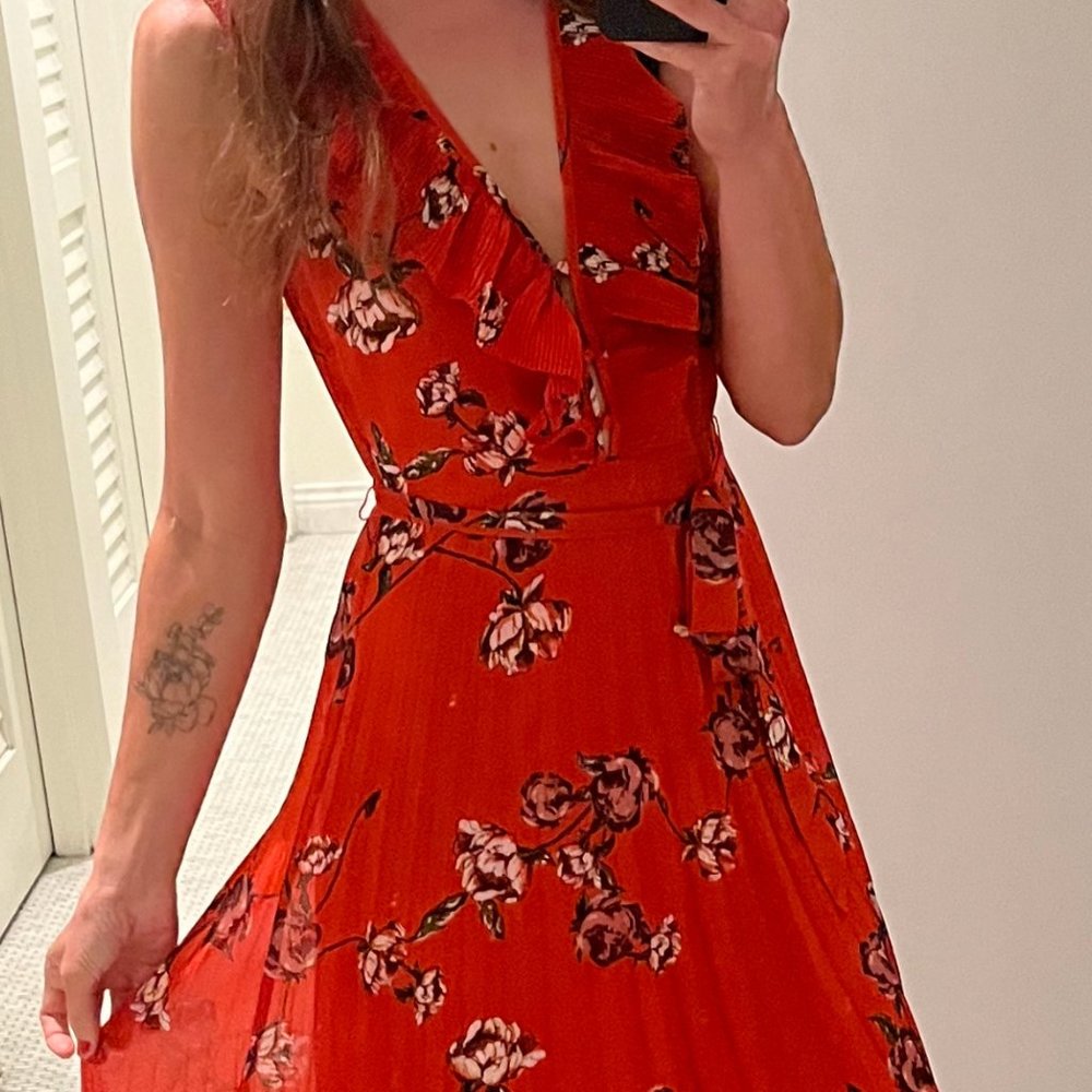 Red Orange Floral Print Pleated Chiffon Maxi Dress - Small